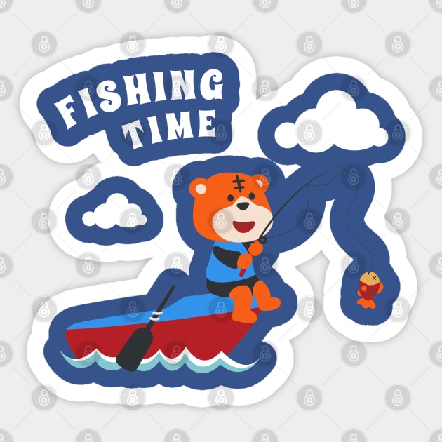 Vector cartoon illustration of cute tiger fishing on sailboat Sticker by KIDS APPAREL